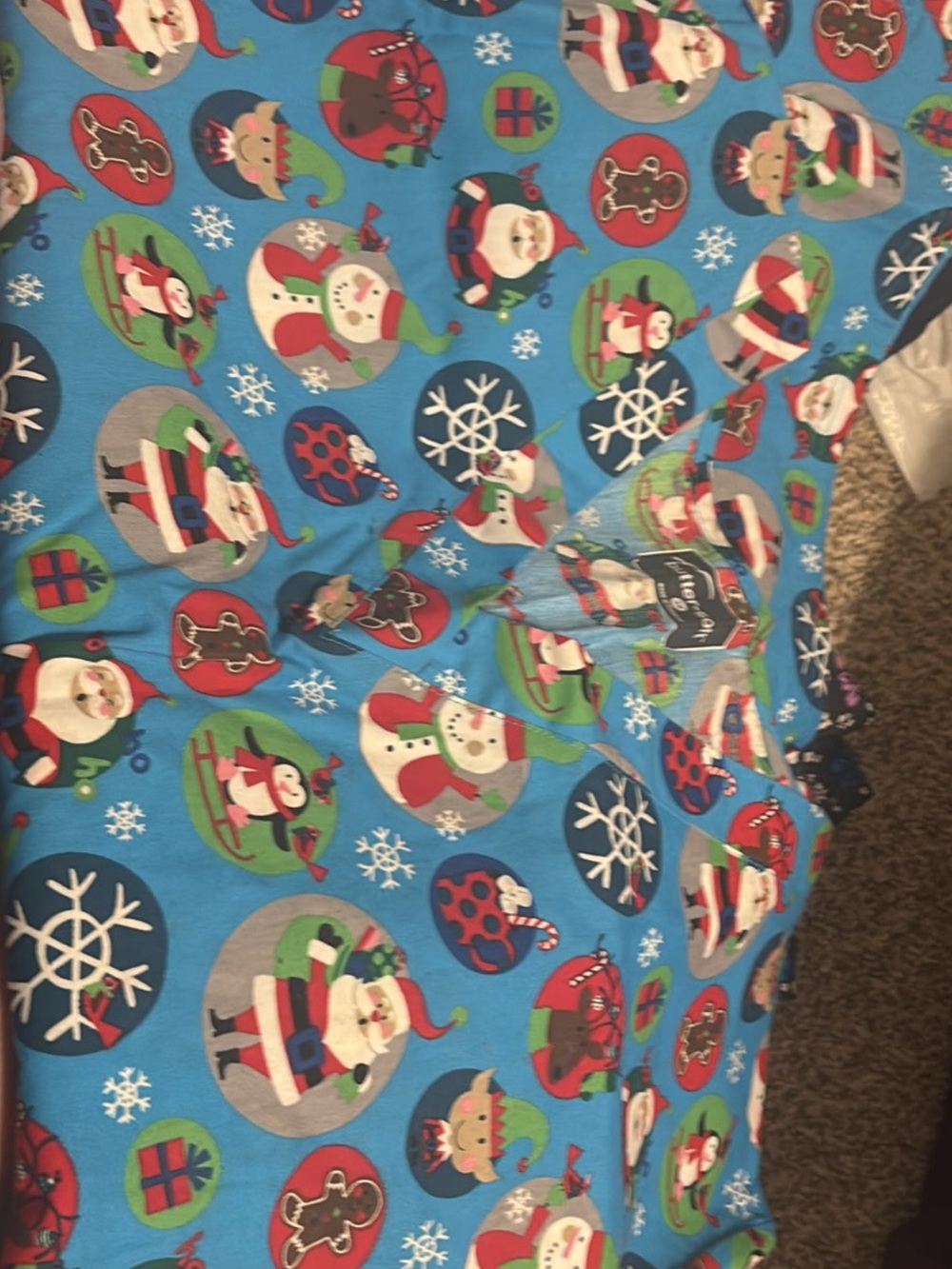 Festive Blue Christmas Scrub Top with Santa & Snowflake Print